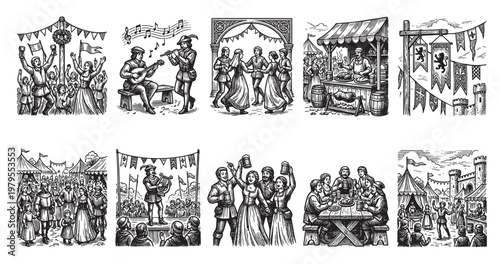 A black and white illustration depicting various scenes from a medieval festival, including dancing, music, feasting, and market stalls, rendered in a woodcut style.