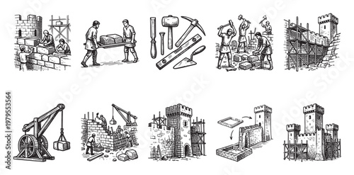 This set of line art illustrations depicts various stages of building a medieval castle, showcasing workers, tools, and construction methods.