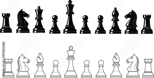 Chess pieces full set vector icons, black and outline board game figures king queen rook bishop knight pawn collection