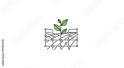 Green Plant Sprouting from Digital Grid Nature and Technology Growth Concept