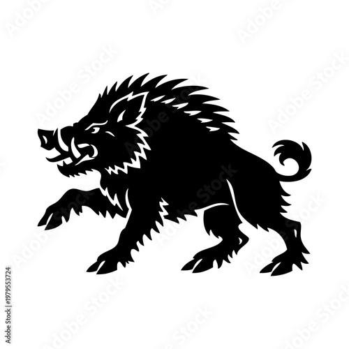 Logotipo con la silueta de un agresivo jabalí heráldico, al estilo clásico de los emblemas medievales