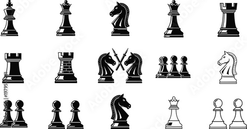 Chess pieces icon set black white vector, classic board game elements king queen rook knight pawn strategic design collection