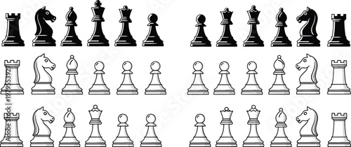 Chess pieces set black and white vector icons, classic board game figures king queen rook knight pawn illustration collection