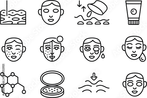 facial skincare dermatology icon set for acne treatment and medical cosmetic skin care