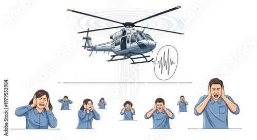 Helicopter noise pollution affecting people covering ears.