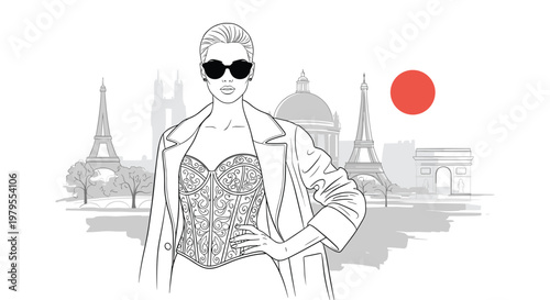 Stylish young woman wearing sunglasses and corset posing against a sketched Parisian cityscape featuring the Eiffel Tower.
