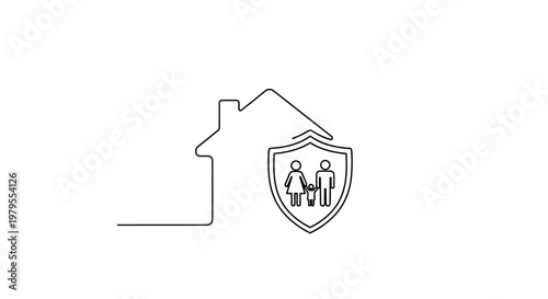 Home and Family Protection Concept with Minimalist Line Art House and Shield