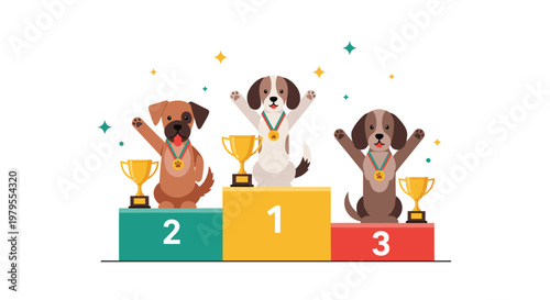 Three cute dogs standing on first second and third place victory podium with trophies and shining gold medals.