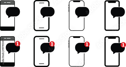 Mobile Message Notification Icons Set Chat Bubble Smartphone Alert Badge UI SMS Interface Communication Vector Design