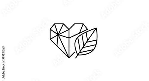Geometric Faceted Heart and Leaf Minimalist Logo Icon