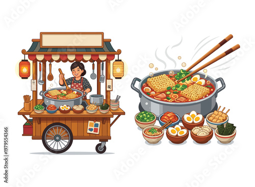 Authentic street food station: A illustration vibrant street food cart featuring delicious bowl steaming bowl, tantalizing the taste buds.