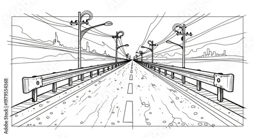 Highway perspective drawing with guardrails and streetlights.