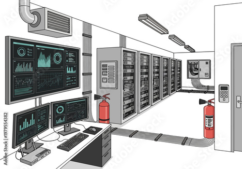 Modern data center with server racks, multiple monitors displaying analytics, and fire suppression system in a clean, high-tech environment