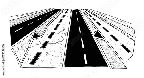 Highway perspective drawing with multiple lanes and dividers.
