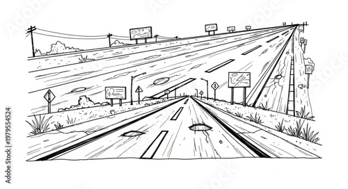 Highway perspective drawing with vanishing point and potholes.