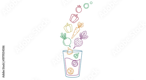 Healthy vegetable juice illustration showing various colorful vegetables falling into a glass of fresh liquid.