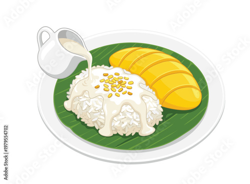 Mango Sticky Rice Delight: A vibrant illustration showcases a serving of the classic Thai dessert, mango sticky rice, with creamy coconut milk drizzled over the warm, sweet rice, alongside ripe.