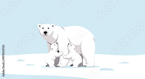 Mother polar bear standing on snow with two small cubs looking up at her in a cold and vast arctic landscape.