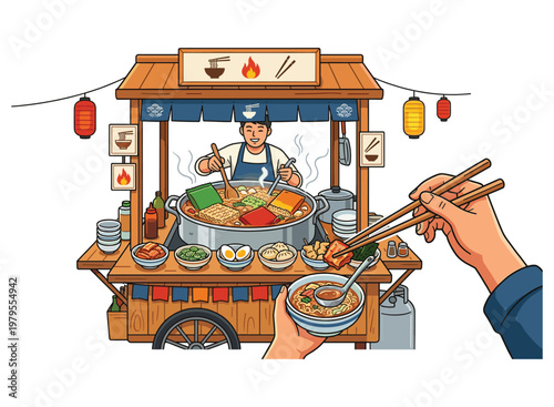 Flavorful Street Food: A skilled vendor prepares a steaming bowl of delicious cuisine at a vibrant street food stall. Capturing the essence of a lively food market.