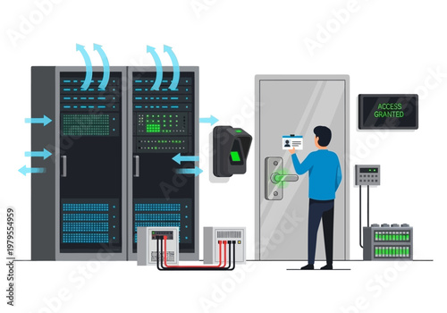 Modern office security system with biometric scanner and server racks for data protection