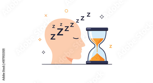Human head silhouette with sleeping symbols and a large hourglass representing sleep time and nocturnal rest.