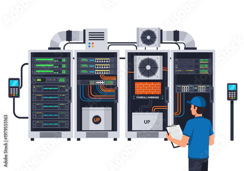 IT technician inspecting server racks and data center equipment with fans and wiring