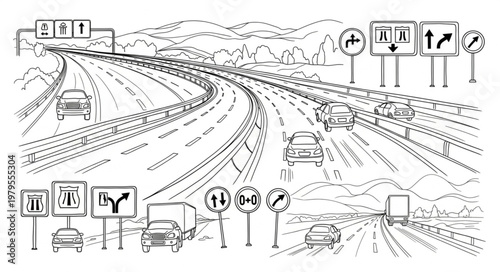 Highway scene with traffic and signs.