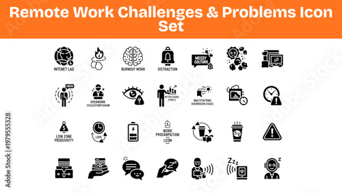 Remote Work Challenges Silhouette Icons Set – Productivity Problems and Workflow Issues Vector Pack