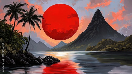 Red Sunset Over Tropical Lake Pixel Art Landscape
