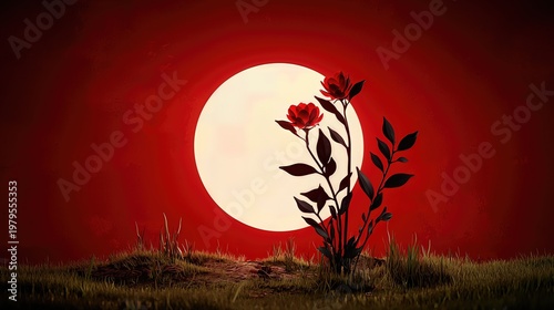 Red Sunset Pixel Art with Silhouetted Roses in a Retro Style Nature Landscape