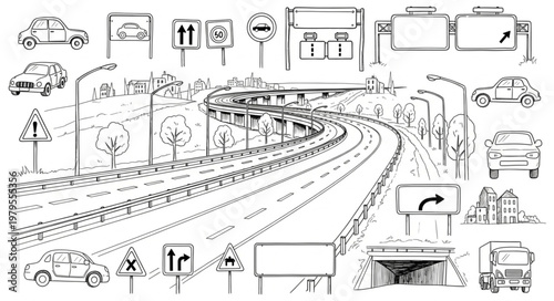 Highway Transportation and Road Signs Illustration.