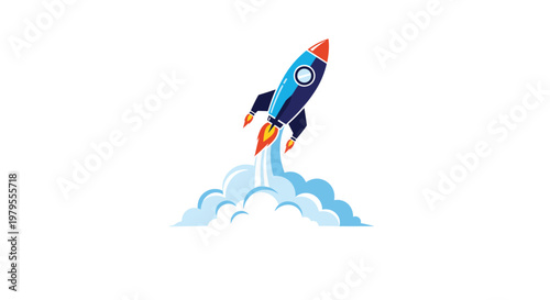 Blue space rocket takes off with powerful fire and white smoke clouds against a clean white background symbolizing progress.