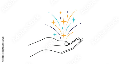 Open human hand holds shimmering stars and glowing sparkles representing magic, hope, inspiration, and achieving your dreams.