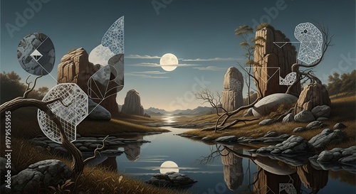 Surreal Landscape with Moon and Reflective Water.
