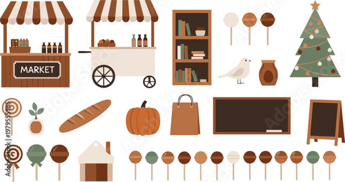 Autumn Market and Festival Vector Set with Bakery Stall Pumpkin Bread Candy Tree and Seasonal Outdoor Illustration Collection
