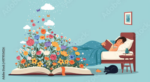 Young woman sleeps peacefully in bed while vibrant flowers grow from an open book on the floor to symbolize vivid imagination.