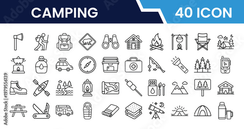 Camping Vector Set of 40 Icons Featuring Tents, Campfires, Nature, and Outdoor Activities for Web and App Design