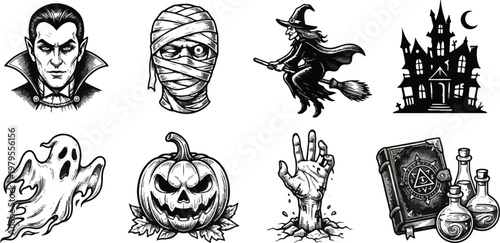 Vintage black and white Halloween icon set featuring engraved style illustrations of a vampire, mummy, flying witch, ghost, pumpkin, and spellbook