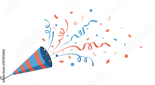Colorful party popper explodes with festive confetti and blue and red streamers to celebrate a happy occasion or anniversary.