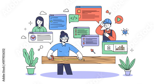 Female carpenter measuring wood with digital interface elements