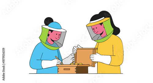 Two Beekeepers Inspecting a Honeycomb Beehive Frame Vector Illustration