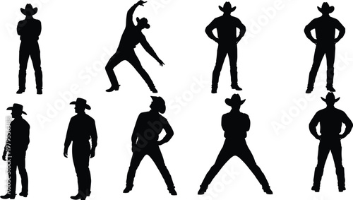 Set of silhouettes of cowboys in traditional hats and western wear standing posing dancing and stretching for rodeo ranching country music and farm lifestyle