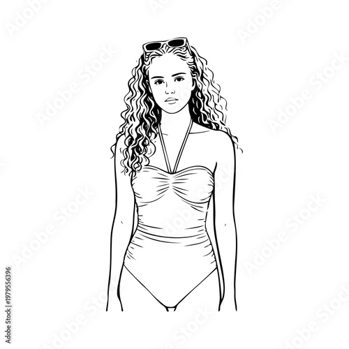 Logotipo con dibujo minimalista con líneas de una mujer con bikini sexy de pie con gafas de sol en el cabello, con las manos junto al cuerpo	