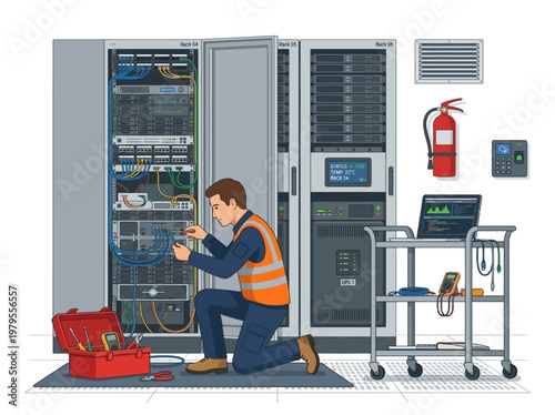 IT technician working on servers in a data center with tools and equipment
