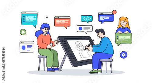 Digital artist team working on graphics tablet illustration