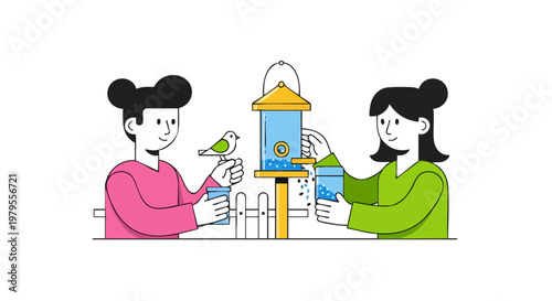 Two girls filling a garden bird feeder with seeds illustration