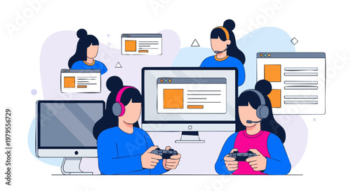 Female gamers playing video games with consoles and headsets