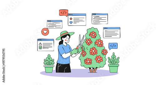 Gardener pruning plants as metaphor for website maintenance