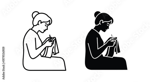 Woman Embroidering Art, Creating Handicraft with Needle and Thread, Silhouette Illustration