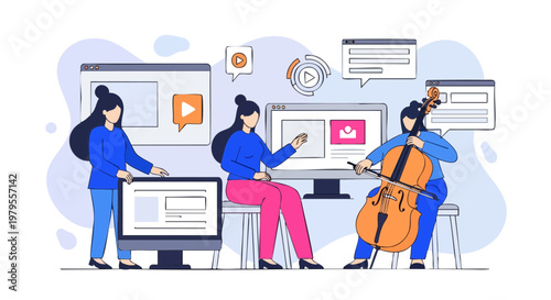 Musician playing cello in a creative digital production studio